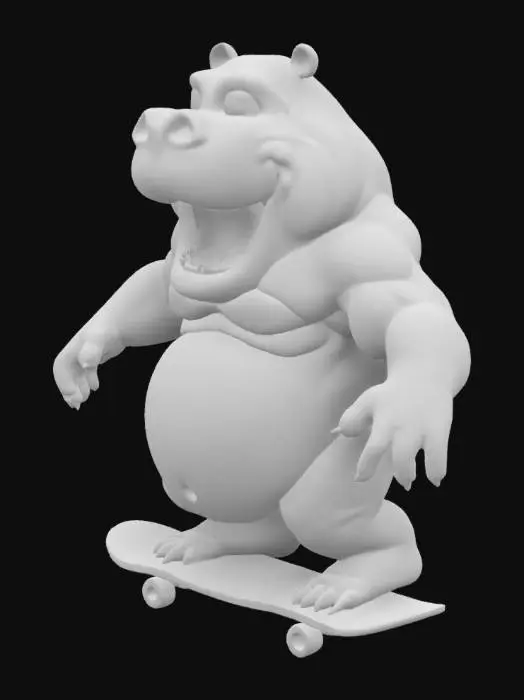 3D model for Create an anamorphic muscular, enthusiastic Hippo riding on a skateboard,  Fantasy, Highly Detailed, Ultra Realistic, Symmetrical Body, Full Body