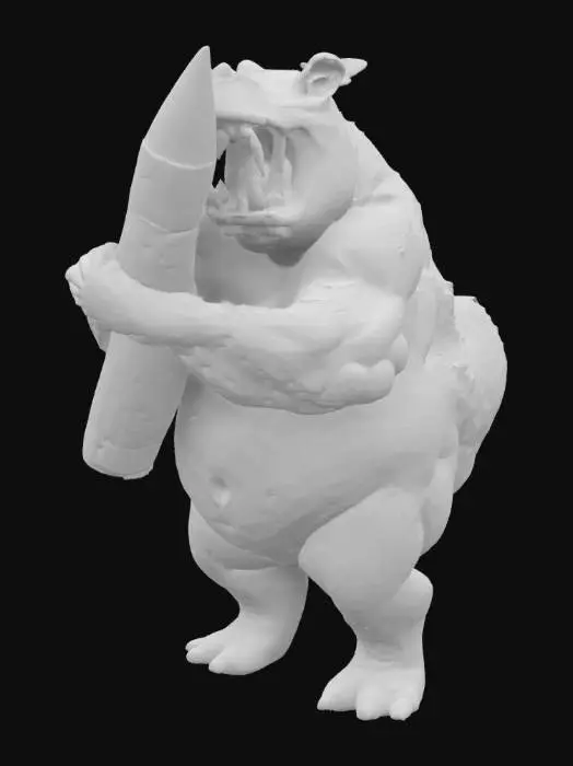 3D model for Create an anamorphic extreme muscular, enthusiastic Hippo cling to a large fire rocket. Fantasy, Highly Detailed, Ultra Realistic, Symmetrical Body, Full Body