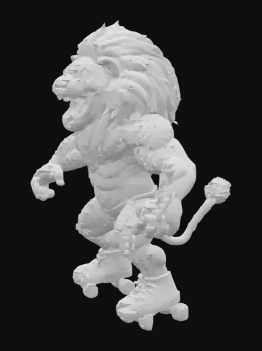 3D model for Create an anamorphic muscular, enthusiastic, broad smiling lion with waving mane, riding on roller skates, fantasy, Highly Detailed, Ultra Realistic, Symmetrical Body, Full Body, high quality