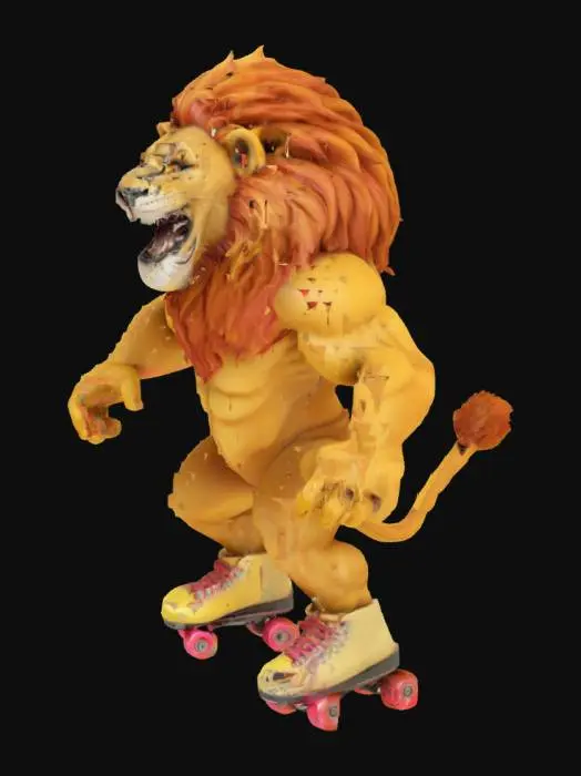 3D model for Create an anamorphic muscular, enthusiastic, broad smiling lion with waving mane, riding on roller skates, fantasy, Highly Detailed, Ultra Realistic, Symmetrical Body, Full Body, high quality