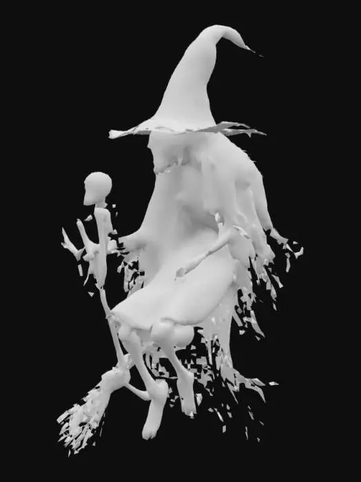 3D model for The image depicts a skeletal witch with glowing eyes, wearing a pointed hat and tattered clothing, riding a broomstick with a ghostly figure beside her, all surrounded by a dynamic flow of ethereal, swirling textures.