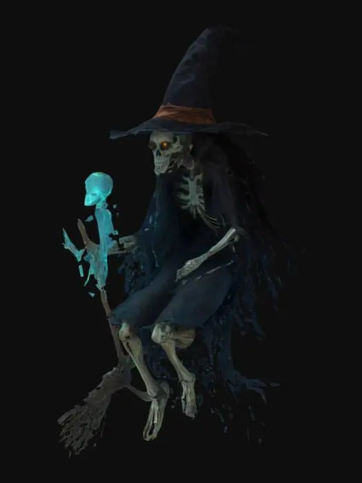 3D model for The image depicts a skeletal witch with glowing eyes, wearing a pointed hat and tattered clothing, riding a broomstick with a ghostly figure beside her, all surrounded by a dynamic flow of ethereal, swirling textures.
