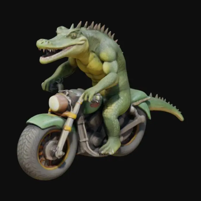 3D model for Create an anamorphic muscular, enthusiastic, furry, broad smiling big crocodile on a motercycle, fantasy, Highly Detailed, Ultra Realistic, Symmetrical Body, Full Body, high quality