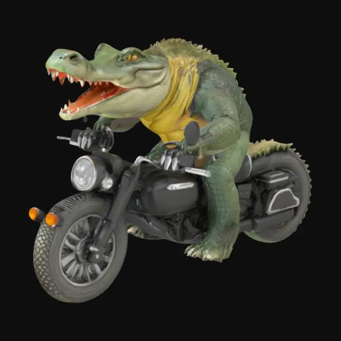 3D model for Create an anamorphic muscular, enthusiastic, furry, broad smiling big crocodile on a motercycle, fantasy, Highly Detailed, Ultra Realistic, Symmetrical Body, Full Body, high quality