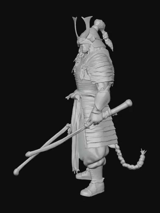 3D model for Make a string warrior with armor, having long dark purple hair on his head and a braid behind, with a helmet and tusks on the side of them, the armor looking like samurai armor