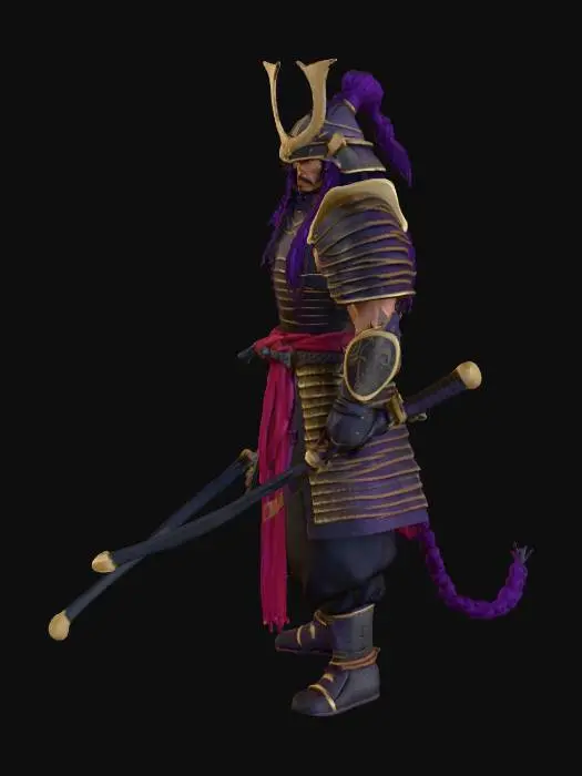 3D model for Make a string warrior with armor, having long dark purple hair on his head and a braid behind, with a helmet and tusks on the side of them, the armor looking like samurai armor