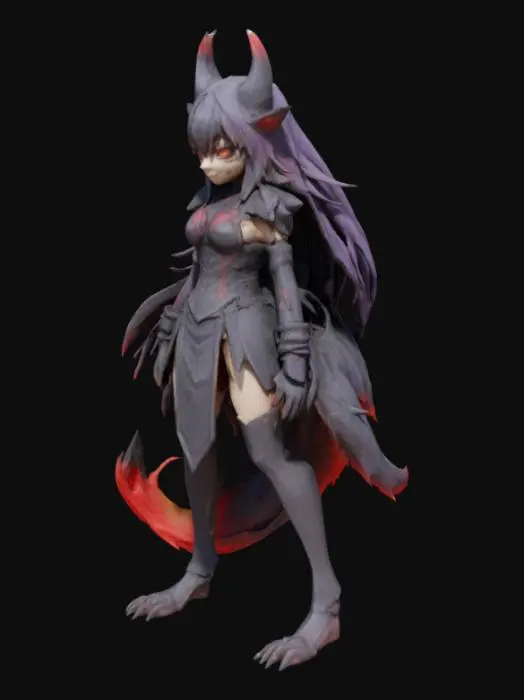 3D model for anime demon hellhound wolf girl with demon outfit on