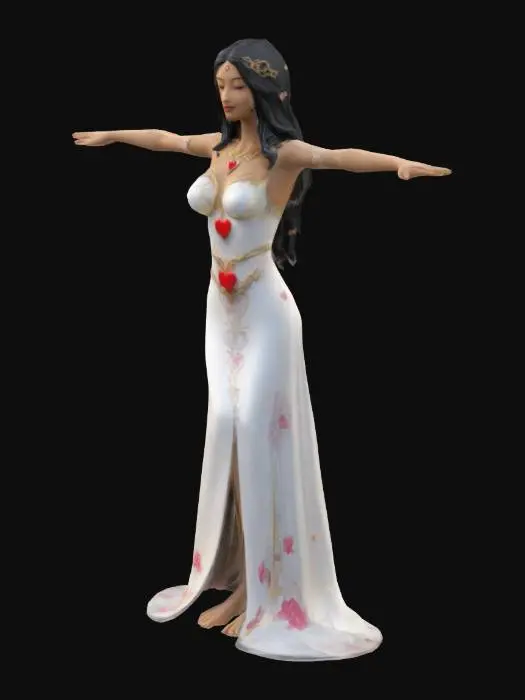 3D model for #valentine#, Design a serene Goddess of Love figure with a graceful, flowing gown and a soft, confident pose. She stands barefoot, one hand raised as if offering a blessing. Long hair black cascades down her back,  Include subtle details like a heart or dove emblem on her belt or neckline, hinting at compassion and unity.
High quality
