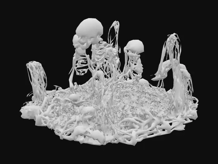 3D model for surreal landscape made from bones meat skulls, red meat, wires, tubes, beksinski style, geiger style