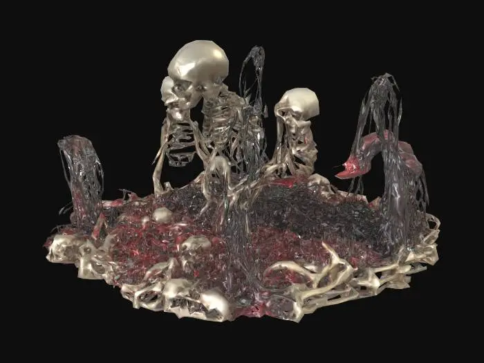 3D model for surreal landscape made from bones meat skulls, red meat, wires, tubes, beksinski style, geiger style