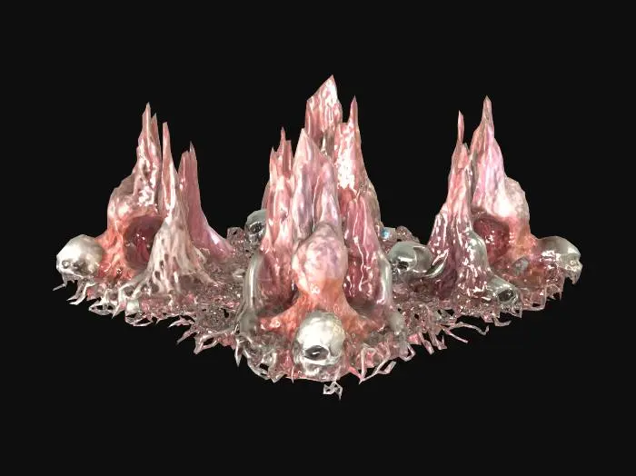3D model for surreal landscape made from bones meat eyeballs skulls, with mountains, large tentacles growing from earth, abstract monuments, beksinski style, geiger style