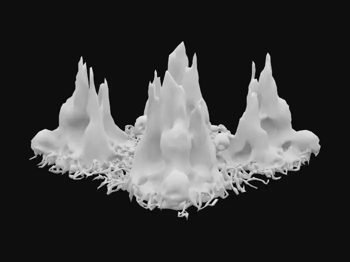 3D model for surreal landscape made from bones meat eyeballs skulls, with mountains, large tentacles growing from earth, abstract monuments, beksinski style, geiger style