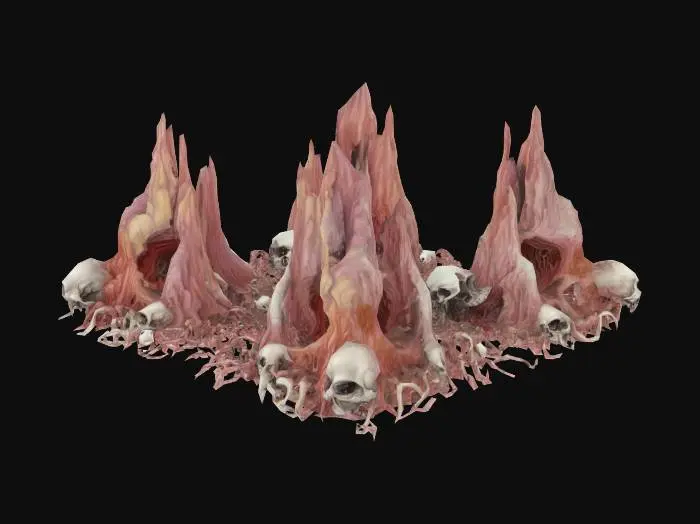 3D model for surreal landscape made from bones meat eyeballs skulls, with mountains, large tentacles growing from earth, abstract monuments, beksinski style, geiger style