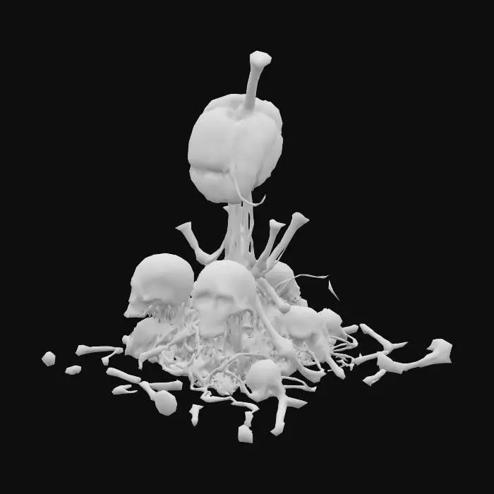 3D model for surreal landscape made from bones meat skulls, red meat, wires, tubes, beksinski style, geiger style