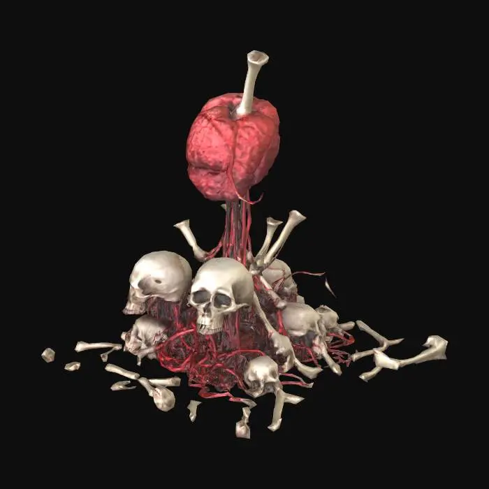 3D model for surreal landscape made from bones meat skulls, red meat, wires, tubes, beksinski style, geiger style