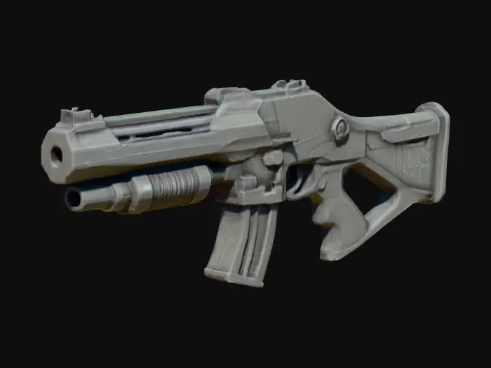 3D model for a massive heavy scifi deagle, low-poly, plasma pistol, high-resolution, ultra detailed, alien engravings, glowing under-barrel ammo clip