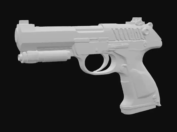 3D model for a scifi deagle, low-poly, plasma pistol, high-resolution, ultra detailed, alien engravings, glowing under-barrel ammo clip