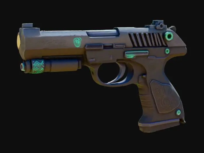 3D model for a scifi deagle, low-poly, plasma pistol, high-resolution, ultra detailed, alien engravings, glowing under-barrel ammo clip