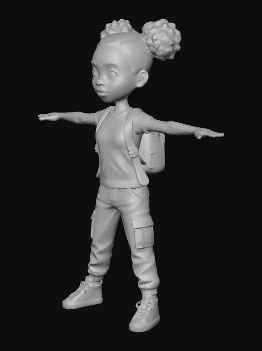 3D model for A pretty African teenage girl with two small afro pigtails, wearing a grey t-shirt, olive green cargo pants, red converse sneakers, and a small thin leather backpack. Do not show the sides of the backpack from the front view.  The body proportions as a exaggerated oversized head and very short skinny dwarf-like body, as a highly detailed sculpted art style with an expressive face, realistic fabric, textures and materials, in a T-pose. Increase the separation and distance of the feet placement so they are shoulder length apart for 3D rigging, with a white background.