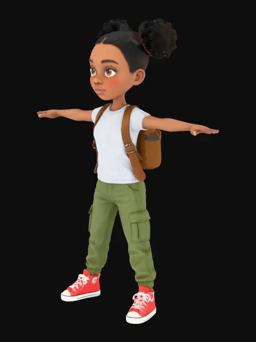 3D model for A pretty African teenage girl with two small afro pigtails, wearing a grey t-shirt, olive green cargo pants, red converse sneakers, and a small thin leather backpack. Do not show the sides of the backpack from the front view.  The body proportions as a exaggerated oversized head and very short skinny dwarf-like body, as a highly detailed sculpted art style with an expressive face, realistic fabric, textures and materials, in a T-pose. Increase the separation and distance of the feet placement so they are shoulder length apart for 3D rigging, with a white background.