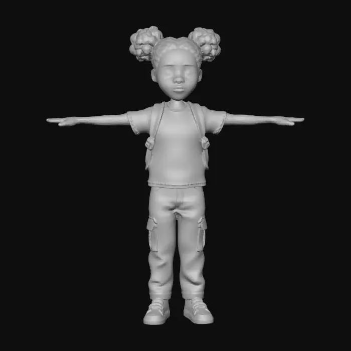 3D model for A pretty African teenage girl with two small afro pigtails, wearing a grey t-shirt, olive green cargo pants, red converse sneakers, and a small leather backpack, as a highly detailed stop-motion art style with realistic textures and materials, in a T-pose with feet pointing straight forward for 3D model conversion, with a white background.