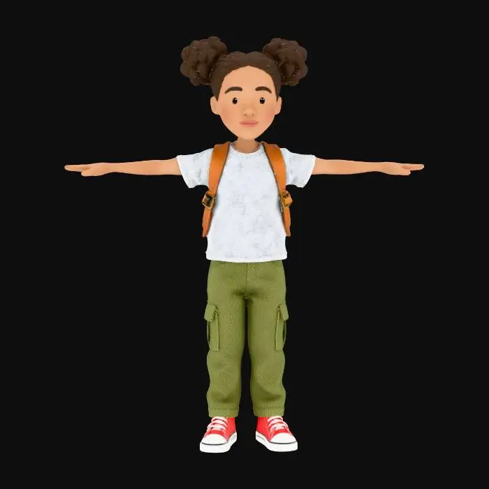 3D model for A pretty African teenage girl with two small afro pigtails, wearing a grey t-shirt, olive green cargo pants, red converse sneakers, and a small leather backpack, as a highly detailed stop-motion art style with realistic textures and materials, in a T-pose with feet pointing straight forward for 3D model conversion, with a white background.
