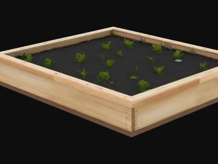 3D model for Create a 10x10 meter stylized garden plot tile. Include a wooden garden bed with a raised soil area in the center, surrounded by small grass tufts, slightly uneven terrain, and a few stones. The soil should be dark and bumpy, and the frame should use thick wooden planks. Make sure the bottom of the model is flat. Use a low-poly Roblox-friendly style with clean silhouette and natural proportions.