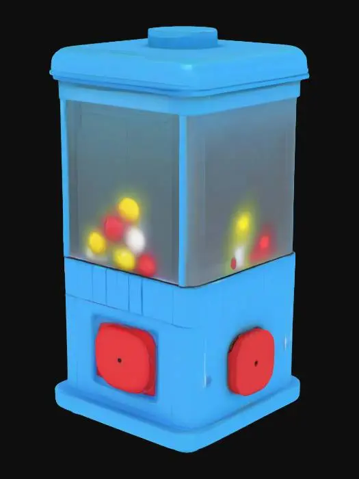 3D model for Create a stylized, Roblox-style gacha capsule machine. It should have a square base, a large clear capsule container in the middle, and a rounded or blocky top. Add a front crank or button for interaction and a small slot for capsule drops. The machine should be colorful and cartoonish, with smooth edges, bright colors like red, yellow, and blue, and a low-poly finish. Make it slightly chunky for simulator games. Ensure the model is grounded on a flat base and scaled to fit a player standing in front of it.
