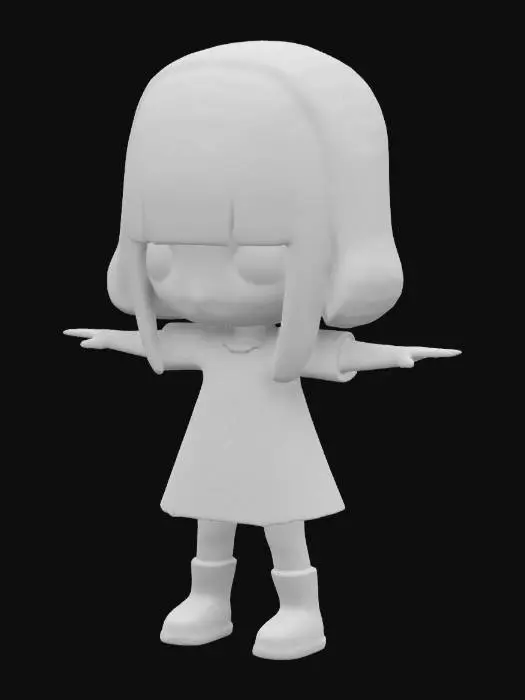 3D model for A cute little goth girl who has a black bob haircut with bangs that completely cover her eyes, she is wearing a black t-shirt dress, black and white striped stockings and black combat boots, black and white arm sleeves, cartoon style, little girl, short, lucy loud, loud house art style, lucy loud from the loud house, pale skin, ears visible, nose visible, chibi, goth, simple, low poly, t-pose, t pose, arms pointed outward
