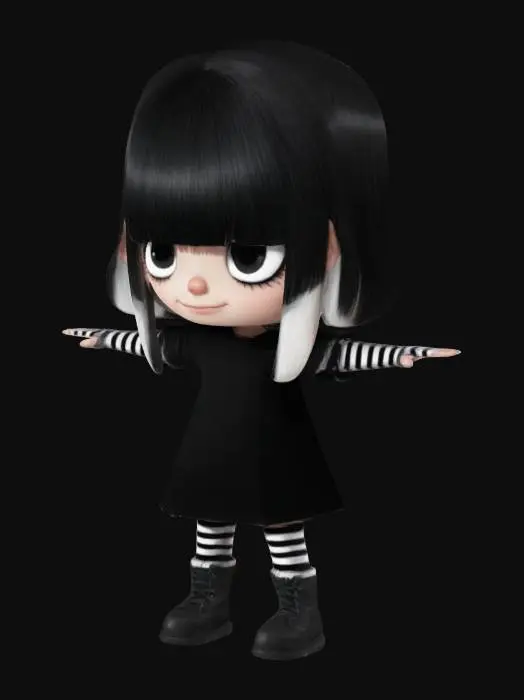3D model for A cute little goth girl who has a black bob haircut with bangs that completely cover her eyes, she is wearing a black t-shirt dress, black and white striped stockings and black combat boots, black and white arm sleeves, cartoon style, little girl, short, lucy loud, loud house art style, lucy loud from the loud house, pale skin, ears visible, nose visible, chibi, goth, simple, low poly, t-pose, t pose, arms pointed outward