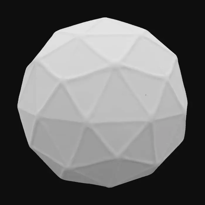 3D model for Un icosaedro (un poliedro regolare formato da venti facce triangolari equilatere disposte secondo due piramidi pentagonali simmetriche rispetto al piano orizzontale, ruotate reciprocamente di 36 gradi e divise da una corona di 10 facce triangolari equilatere alternate i cui spigoli combaciano con gli spigoli delle due piramidi) iscritto in una sfera con il centro coincidente con il centroide dell'icosaedro e raggio pari alla distanza tra il centroide e uno dei vertici dell'icosaedro.