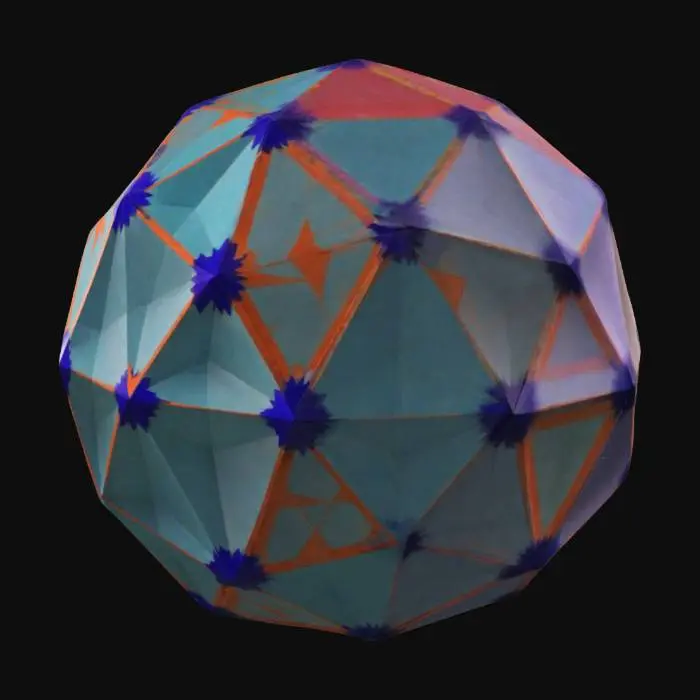 3D model for Un icosaedro (un poliedro regolare formato da venti facce triangolari equilatere disposte secondo due piramidi pentagonali simmetriche rispetto al piano orizzontale, ruotate reciprocamente di 36 gradi e divise da una corona di 10 facce triangolari equilatere alternate i cui spigoli combaciano con gli spigoli delle due piramidi) iscritto in una sfera con il centro coincidente con il centroide dell'icosaedro e raggio pari alla distanza tra il centroide e uno dei vertici dell'icosaedro.