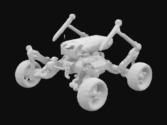 3D model for Design a 3D model of a robotic vehicle with four independent wheel arms. Each arm is connected via a movable joint , extendable arms and controlled by a gear system driven by gear motors. The chassis should have space for a microcontroller and battery pack. The design should be modular, . Wheels should be mounted with rotational freedom, and all joints should function properly. The wheels will be extendable along the Y-axis, controlled by gears. 