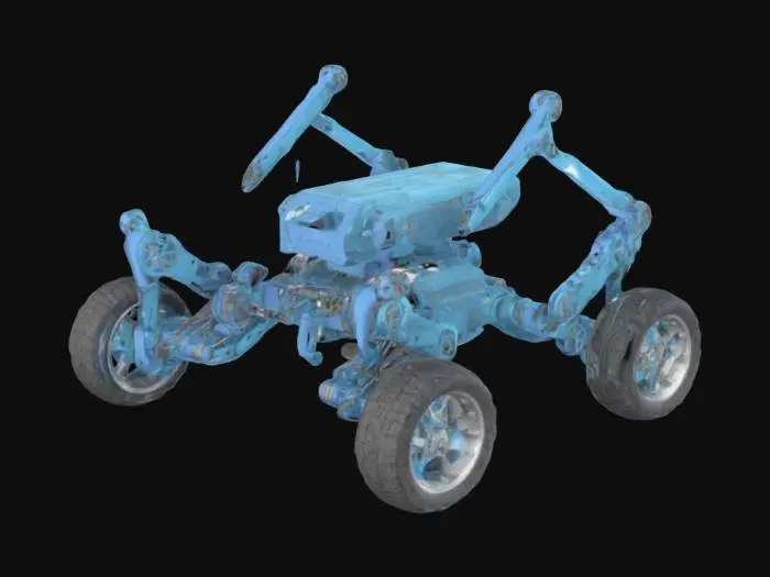 3D model for Design a 3D model of a robotic vehicle with four independent wheel arms. Each arm is connected via a movable joint , extendable arms and controlled by a gear system driven by gear motors. The chassis should have space for a microcontroller and battery pack. The design should be modular, . Wheels should be mounted with rotational freedom, and all joints should function properly. The wheels will be extendable along the Y-axis, controlled by gears. 