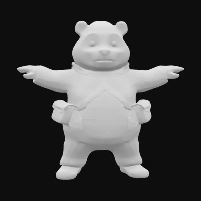 3D model for A chubby panda in a T-pose, wearing green slip-on shoes, a red tracksuit, and a crossbody bag. It has a sleepy but determined expression.