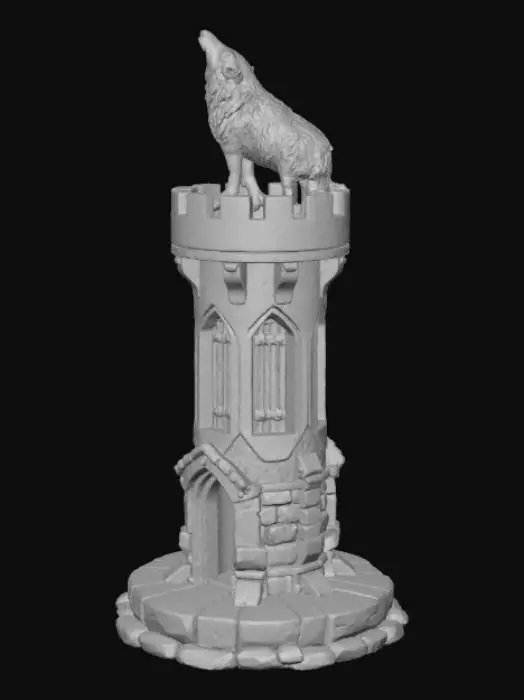 3D model for creami una basetta circolare fatta di pietre organizzate a selciato sopra creami una torre saracena e sopra la torre metti un lupo mannaro che ulula