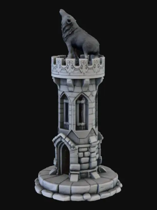 3D model for creami una basetta circolare fatta di pietre organizzate a selciato sopra creami una torre saracena e sopra la torre metti un lupo mannaro che ulula