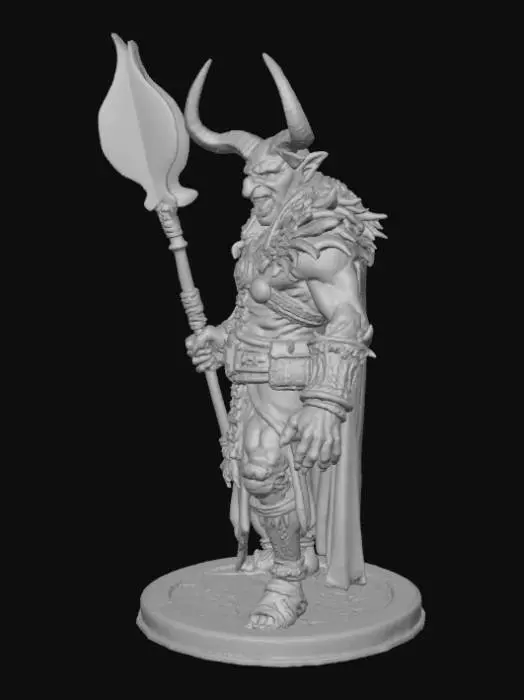 3D model for crea una basetta circolare con sopra un orco armato con mazza ferrata, bocca aperta con denti canini aguzzi e ghigno malefico