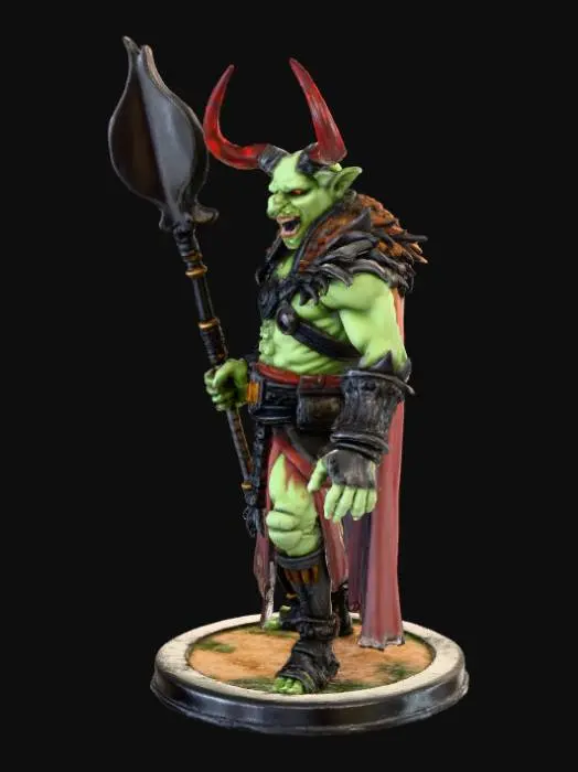 3D model for crea una basetta circolare con sopra un orco armato con mazza ferrata, bocca aperta con denti canini aguzzi e ghigno malefico