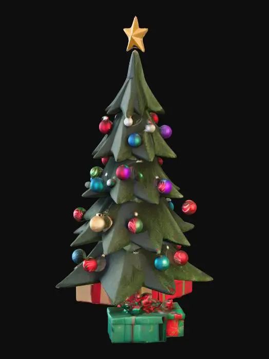3D model for Albero di natale con palle e stella sul puntale e pacchi regalo alla base