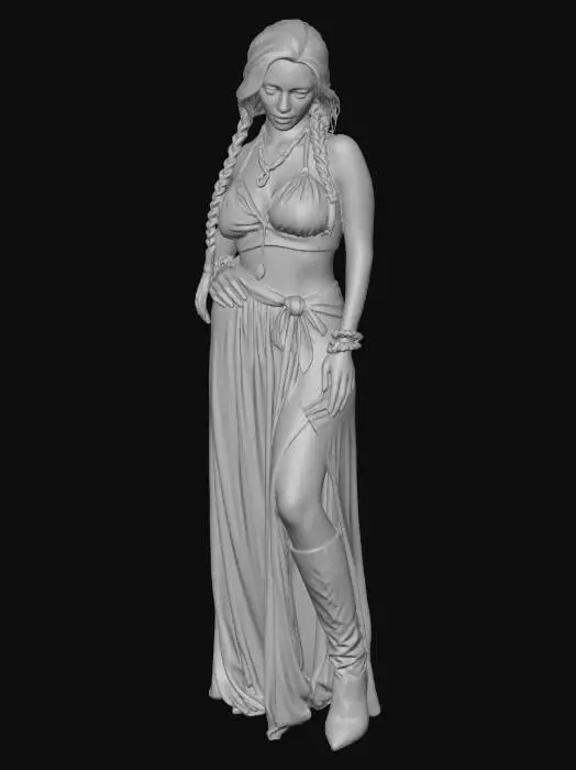 3D model for Crea una maga di corporatura formosa, capelli legati a due trecce,  vestita di stracci