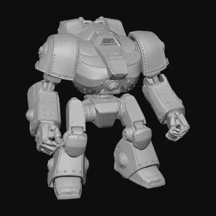 3D model for creami una basetta circolare  dorico con sopra terriccio e rottami e un robot dreadnought di warhammer