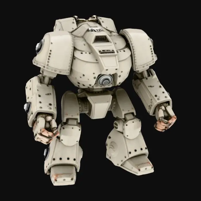 3D model for creami una basetta circolare  dorico con sopra terriccio e rottami e un robot dreadnought di warhammer