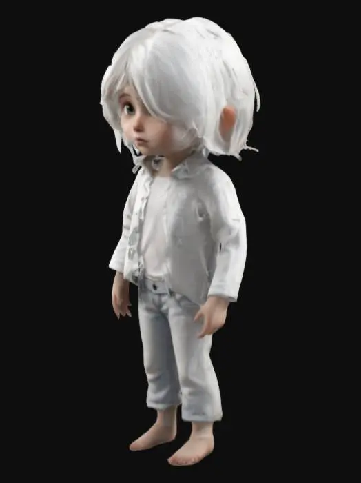 3D model for Character of a little homeless white girl with white hair, white shirt, wearing white jeans
