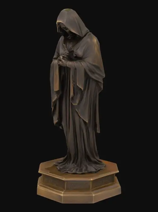 3D model for trauernder Mensch als Bronzestatue. Mit Sockel. Im Sockel ein kreuz