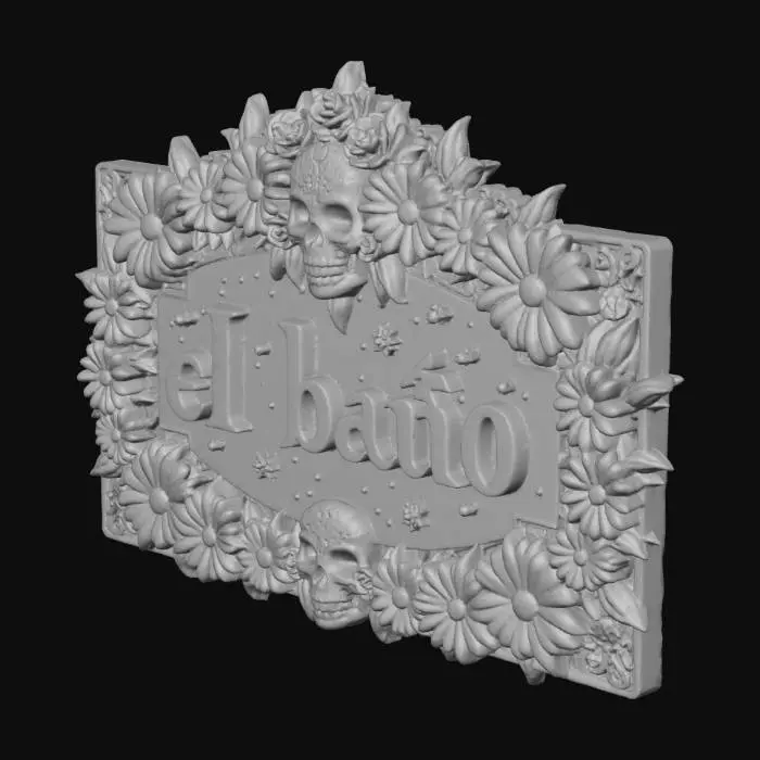 3D model for a sign the the words el baño with day of the dead designs embellishing 6 inches wide 5 inches tall with centered text 3.5 inches tall