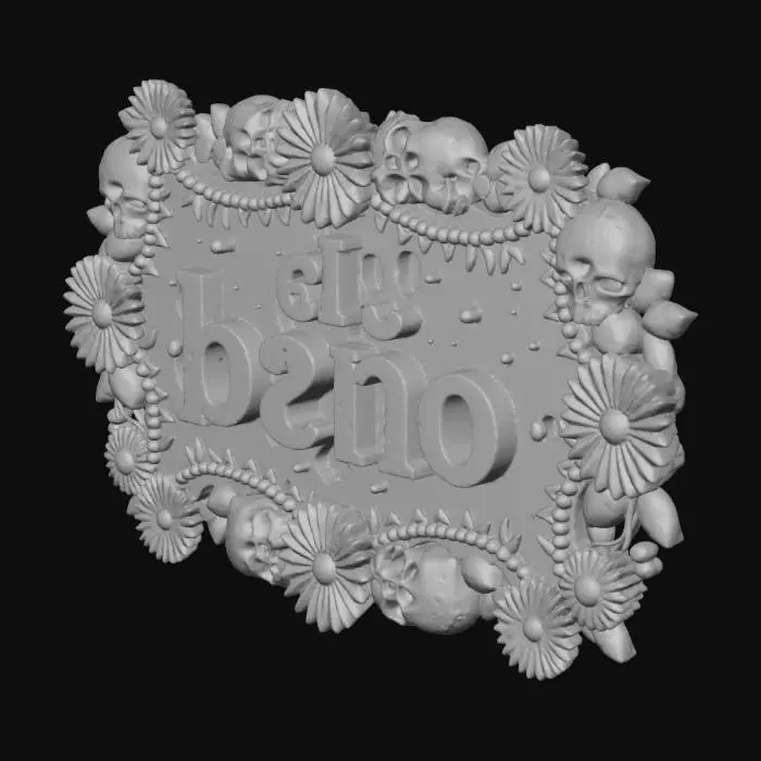 3D model for a sign the the words el baño with day of the dead designs embellishing 6 inches wide 5 inches tall with centered text 3.5 inches tall