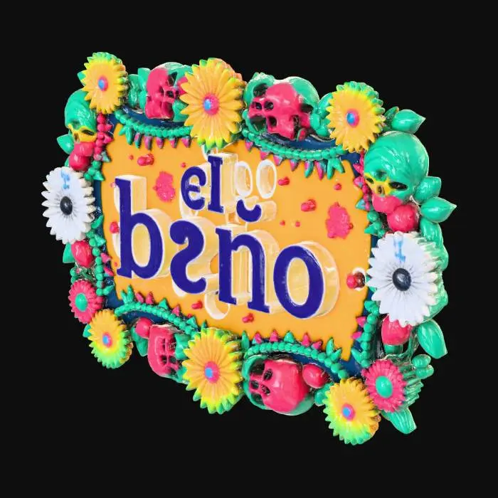 3D model for a sign the the words el baño with day of the dead designs embellishing 6 inches wide 5 inches tall with centered text 3.5 inches tall