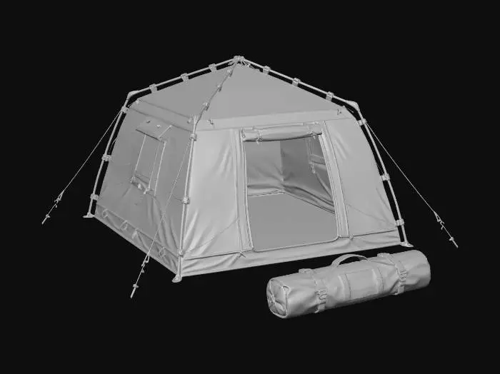 3D model for Modern military field tent, modular design, camouflage green, aluminum frame poles, heavy duty fabric, ventilation flaps, white background, studio lighting, photorealistic, highly detailed, full body shot