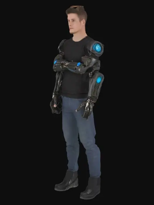 3D model for homem 25 anos com braços biônicos, os braços pretos metalicos